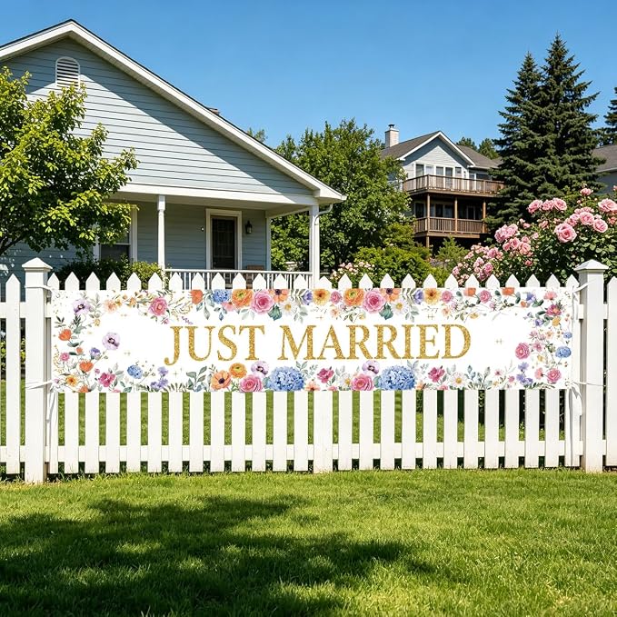 Just Married Wedding Decor Banner Decorations Party Hanging Sign | Reusable - Image 6