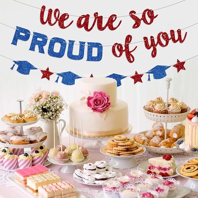 We Are So Proud of You Banner Prestrung Red and Blue Graduation Banner - Image 6