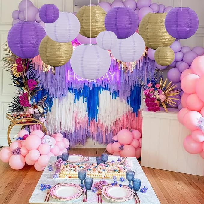 BEISHIDA Purple Gold Paper Lanterns 16Pcs 6/8/10 Inch Round Chinese Lamp | - Image 6