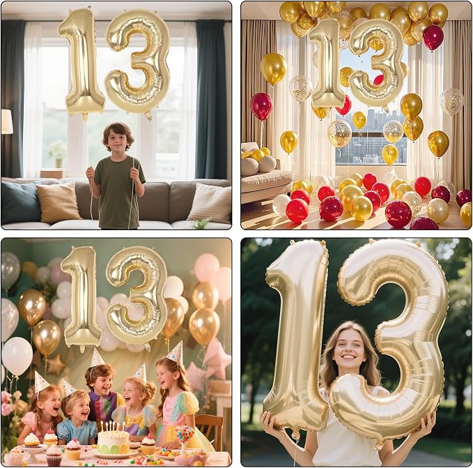 Champagne Large Number 13 Balloon, 40 Inch Light Gold Foil Helium Number - Image 7