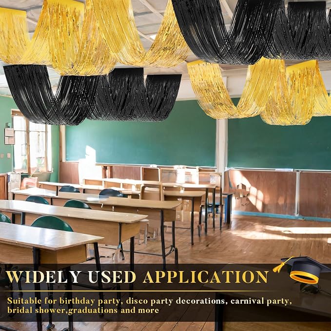 8 Pcs 15ft Gold Black Metallic Foil Ceiling Fringe Curtains, Graduation Party - Image 6
