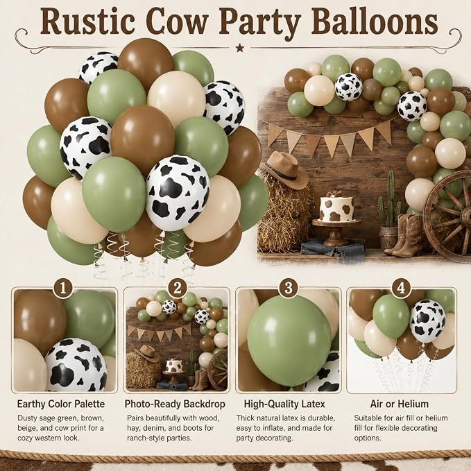 Green Brown Cow Print Balloons 12inch Cowboy Rodeo Birthday Decorations | Dusty - Image 8