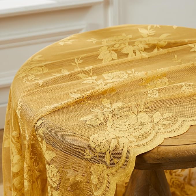 Golden Yellow Lace Curtains 84 Inches Long 2 Panels Country Flower Sheer - Image 8