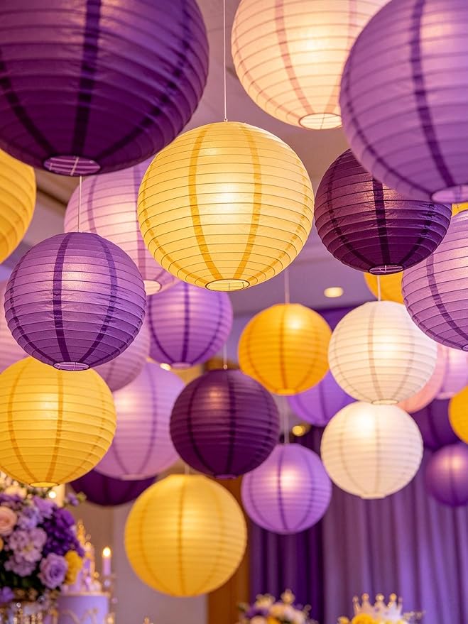 Purple Yellow Round Paper Lanterns Set of 12, 6/8/10 Inch Multi Colored Hanging - Image 6