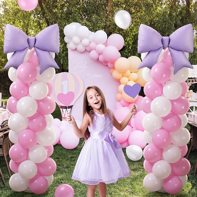 2 Sets Pink Purple White Bow Balloon Column Stand Kit Includes 2 Bows & 100 - Image 7