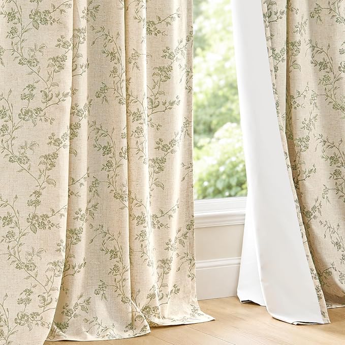 Blackout Vintage Floral Linen Curtains Green on Beige 50×84 2 Panels | Elisa - Image 9