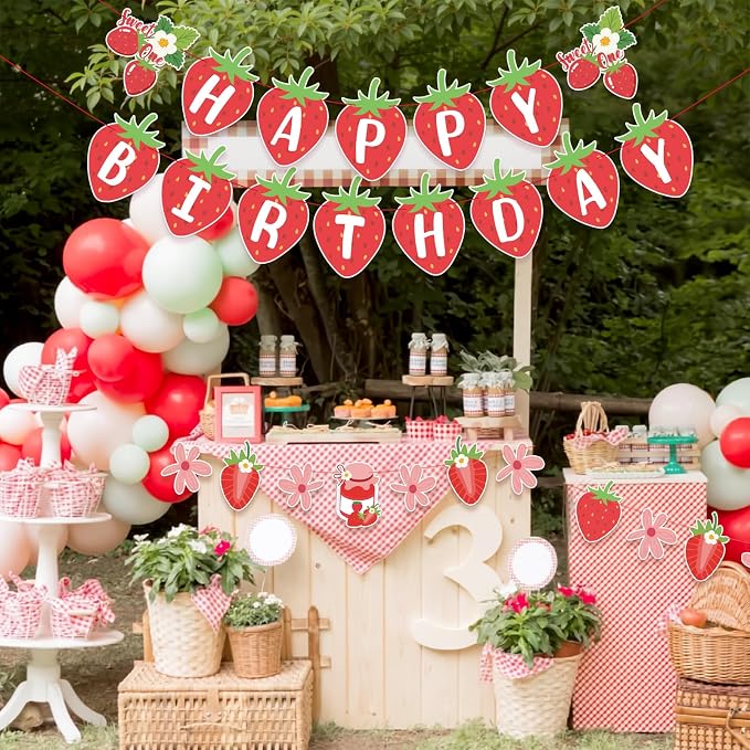 SUNBEAUTY Strawberry Happy Birthday Banner, Berry Sweet Red Fruit Party Hanging - Image 8
