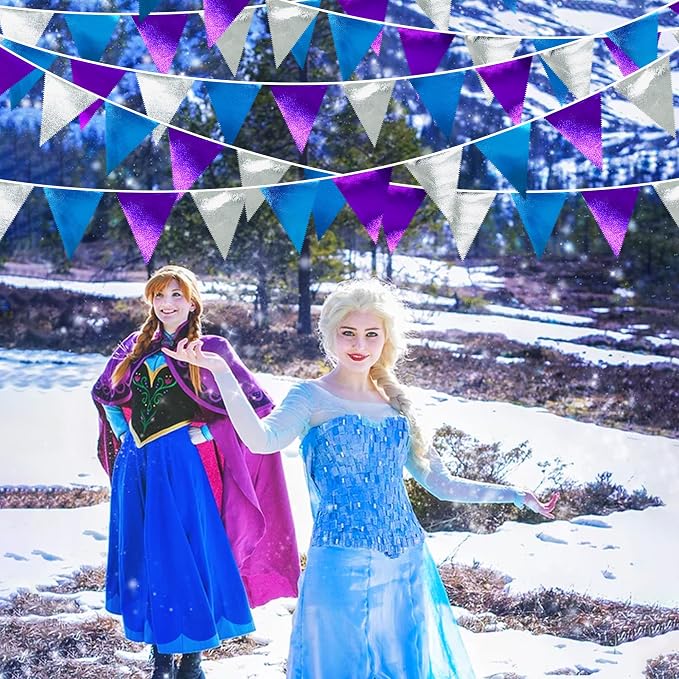 Frozen Party Decoration Purple Blue Silver Metallic Fabric Triangle Pennant - Image 6