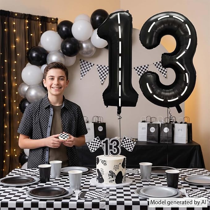 Black and White Stripes Number 13 Balloon 40 Inch, Track Road Digit Decor | - Image 7