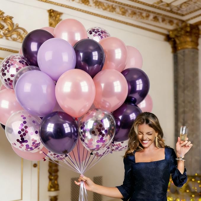 Pink Purple Balloons 60Pcs 12 Inch Confetti Latex Balloon Kit - Image 7