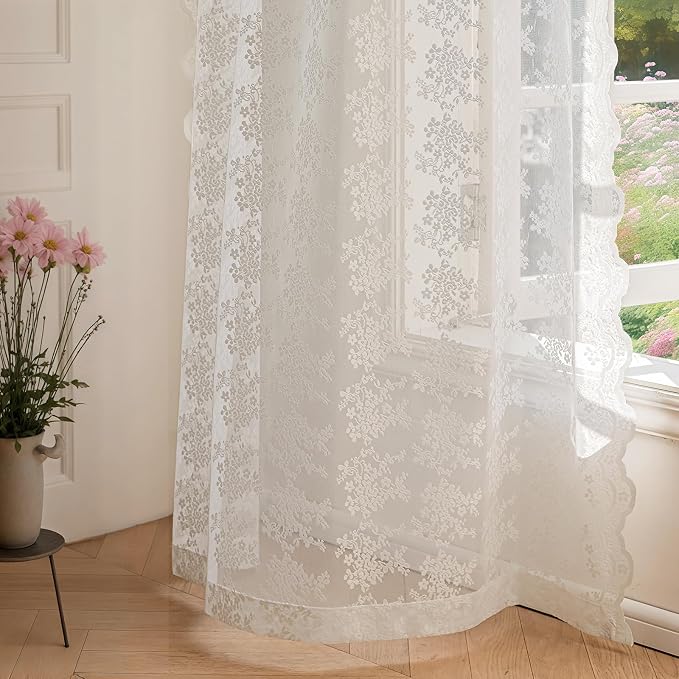 Anmao Vintage White Lace Curtains 45 Inches Long 2 Panels Set, Romantic Elegant - Image 8