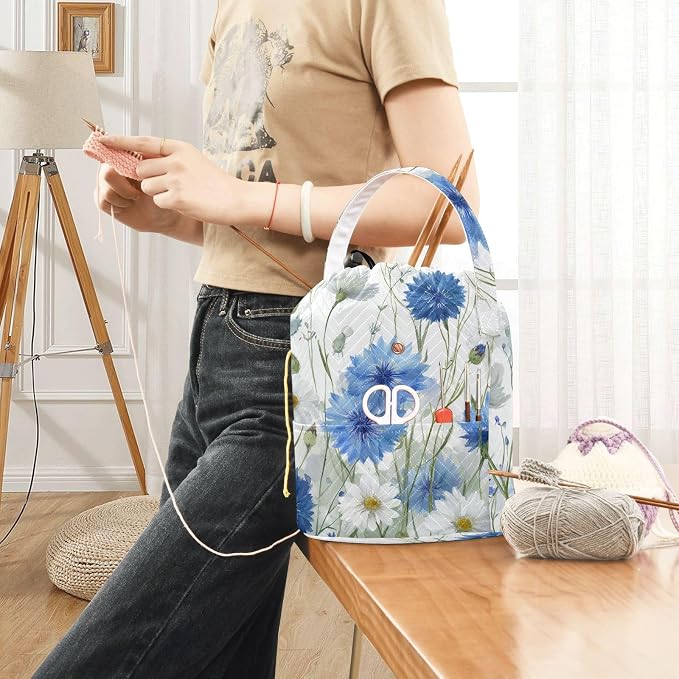 White Blue Cornflowers Daisy Flower Watercolor Yarn Bag Small Crochet Bag - Image 6