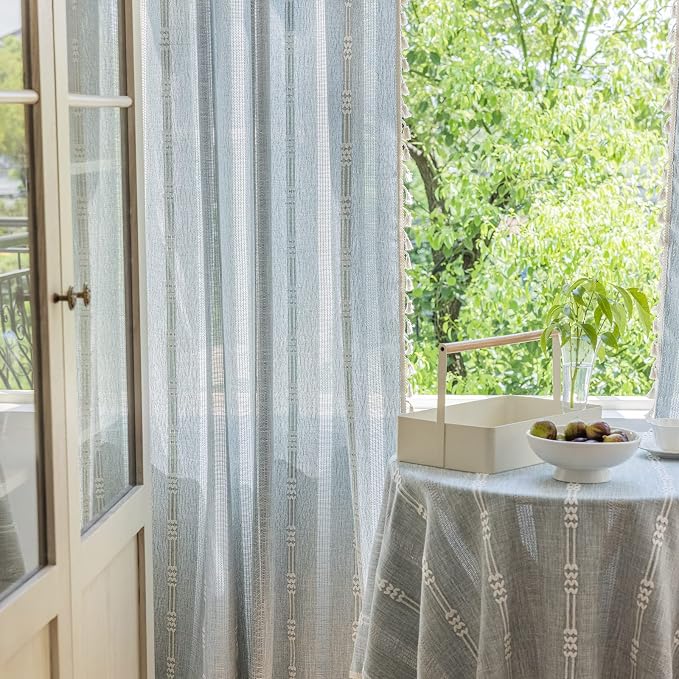 ENJOYBRIDAL Boho Curtains 96 Inch Length 2 Panels Semi Sheer Blue Grey Drapes - Image 8
