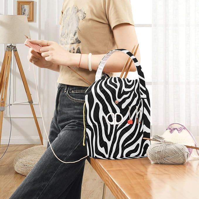 White Black Zebra Print Yarn Bag Small Crochet Bag Drawstring Yarn Storage - Image 6