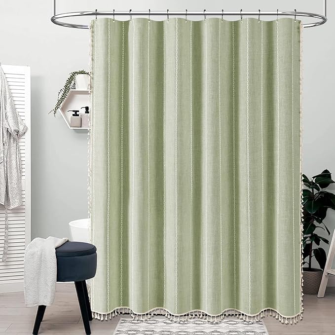 60x72 Boho Farmhouse Linen Heavy Duty Shower Curtain Set, Sage Green | Narrow - Image 7