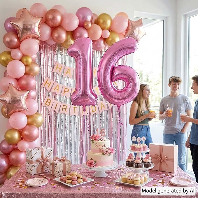 Pink Number 16 Balloon 40 Inch, Shimmering Foil Sweet 16 Party Supplies | - Image 7