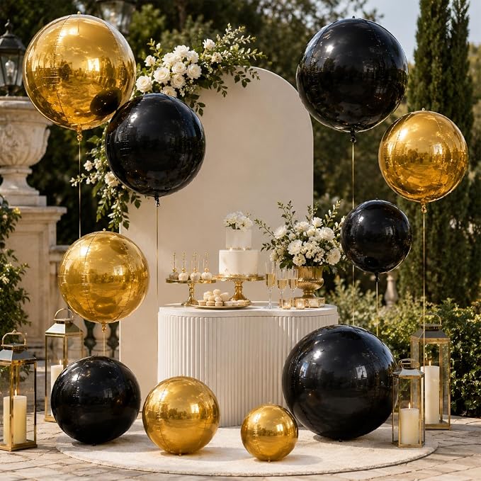 15 Pcs Black and Gold Round Foil Balloons, 22/15/10 Inch 4D Ball Balloons Black - Image 7