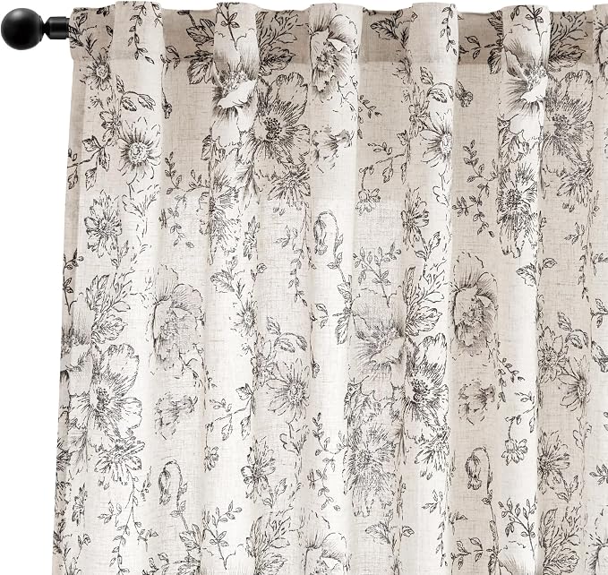 jinchan Black Floral Linen Curtains 84 Inch Farmhouse Back Tab 2 Panels | Light - Image 9