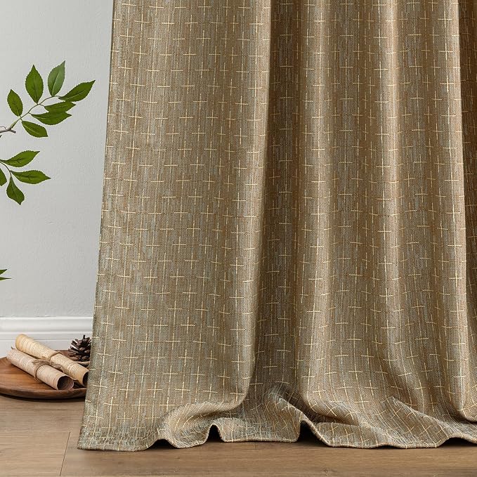 MIULEE Patterned Farmhouse Linen Curtains, Back Tab, Khaki | Linen Curtains - Image 6