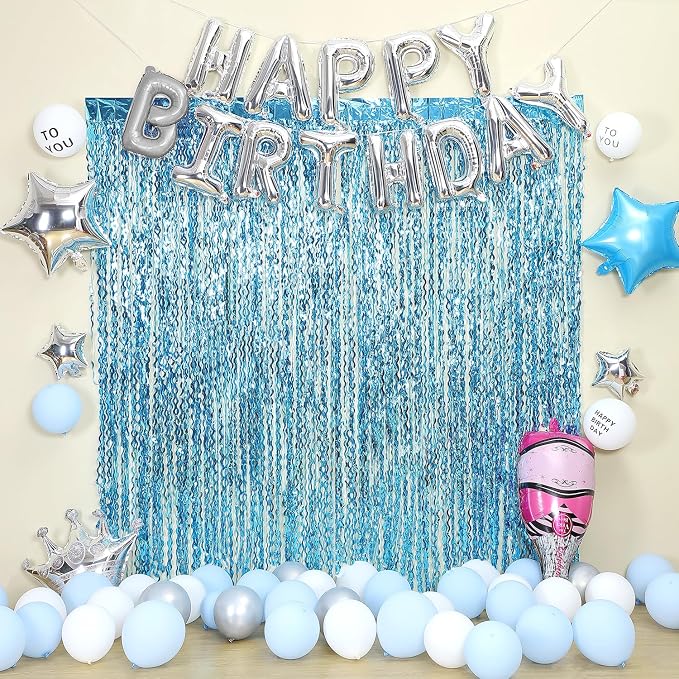 3 Pack Blue Wavy Tinsel Foil Fringe Curtain - Image 6