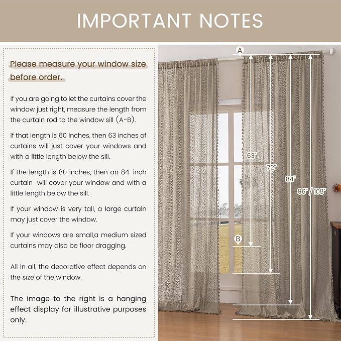 WAZZIO Boho Lace Curtains 45 Inches 2 Panel, Light Filtering Privacy Tassel & - Image 8