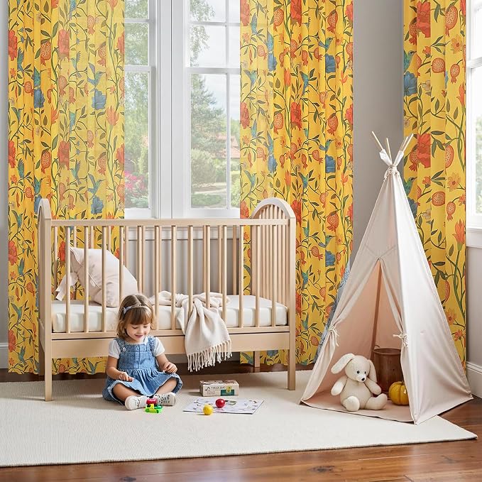 Mustard Yellow Floral Linen Curtains, Boho Whimsical Bird Print Curtains - Image 9