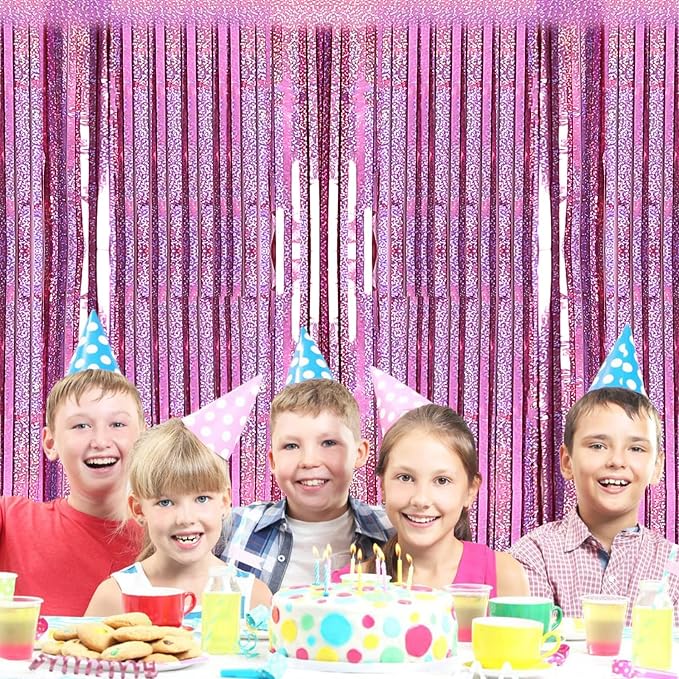 PIGETALE Pink Foil Fringe Curtains, 2 Pack 3.2 x 8.2 ft Party Backdrop | - Image 6