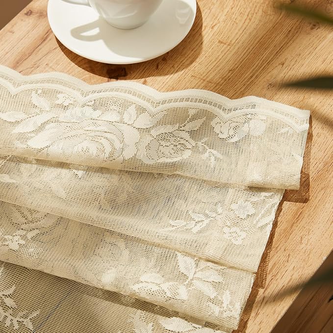 SEEKRIGHT Beige Lace Curtains 90 Inches Long Victorian Floral Sheer Curtains - Image 7