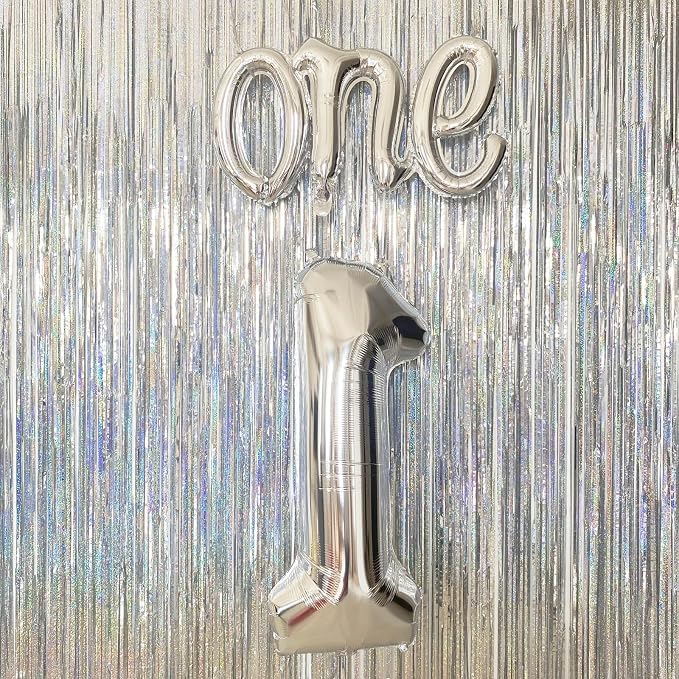 2Pcs Silver Foil 40" Number 1 and 26" Script Letter One Balloon Set | Large - Image 7