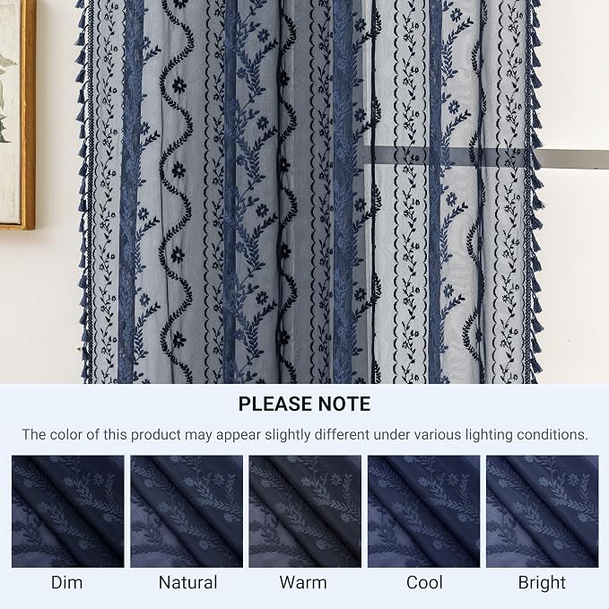 WAZZIO Boho Lace Curtains 2 Panels 63 Inch -Victorian Sheer Panel Drape French - Image 8
