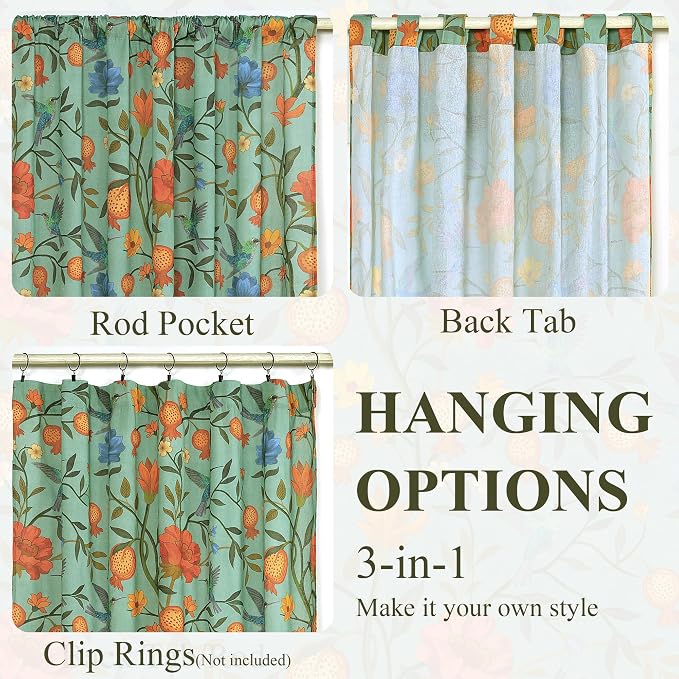 Green Floral Linen Curtains, Boho Whimsical Bird Print Curtains - Image 9