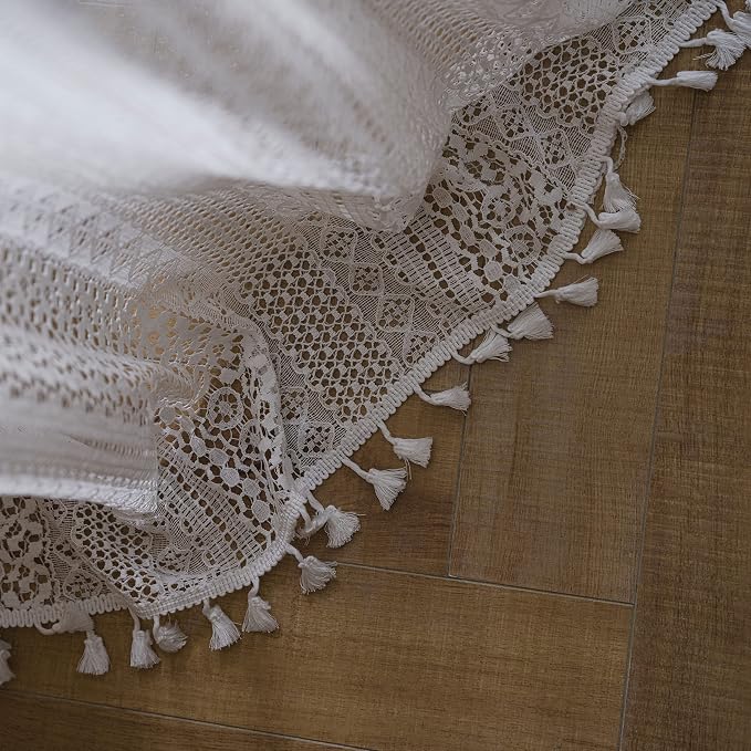 WAZZIO Boho Lace Curtains 84 Inches 2 Panel, Light Filtering Privacy Tassel & - Image 7