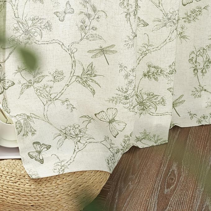 Green Floral Linen Curtains Farmhouse Rod Pocket 50W X 108L 2 Panels | - Image 9