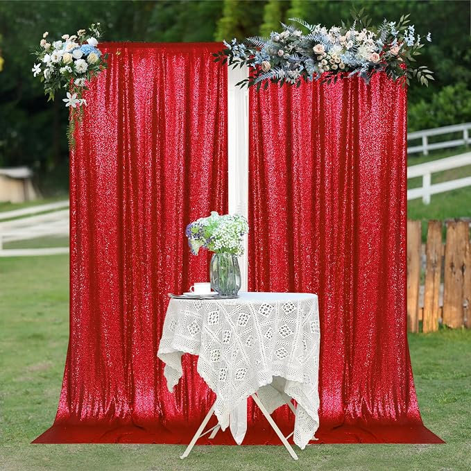 PartyDelight Red Sequin Backdrop Curtains 5x10ft 2 Sparkly Panels | 4 Inch Rod - Image 9