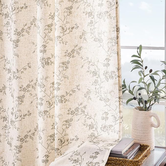 Grey Vintage Floral Linen Curtains Farmhouse 50W X 96L 2 Panels | Elisa Series - Image 8