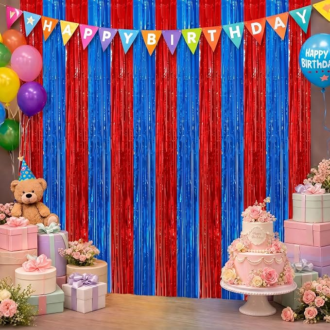 2Pack Red Blue Metallic Tinsel Foil Fringe Curtains, Tinsel Curtain Backdrop - Image 9