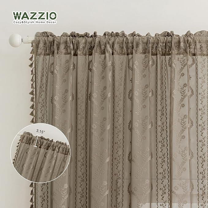 WAZZIO Boho Lace Curtains 2 Panels 84 Inch -Victorian Sheer Panel Drape French - Image 7