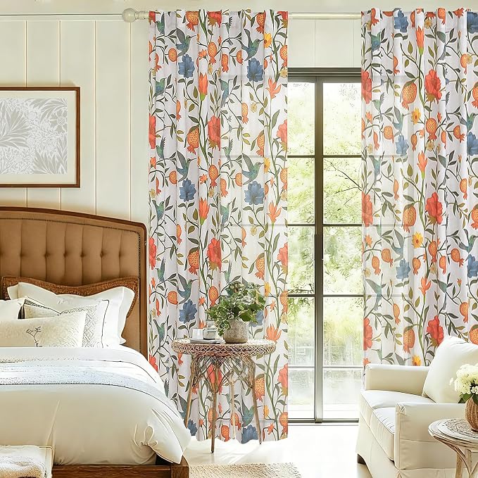 90 Inch Boho Floral Curtains Tropical Bird Print Linen Semi Sheer Window Drapes - Image 8