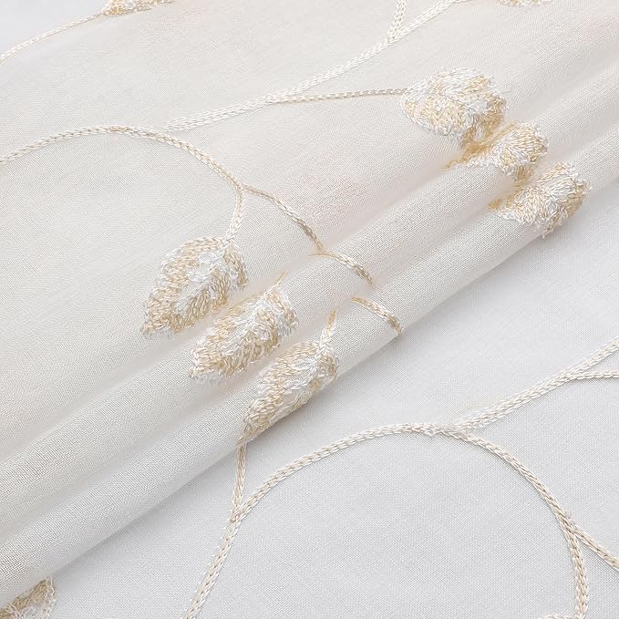 Beige Sheer Curtains Decorative Embroidered Leaf 63 Inches Long | Light - Image 6