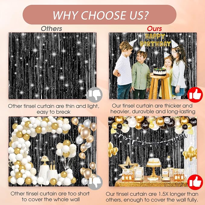 3 Pack Shiny Black Backdrop Party Decorations Tinsel Curtain Party Backdrop - Image 7