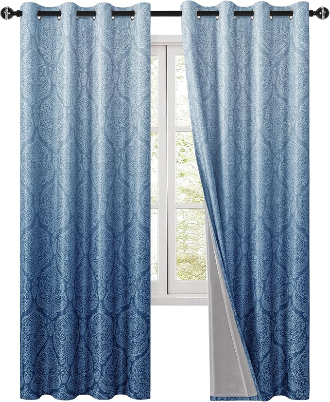 DWCN 100% Blackout Curtains for Bedroom 96 Inch Long-Damask Patterned Ombre - Image 9