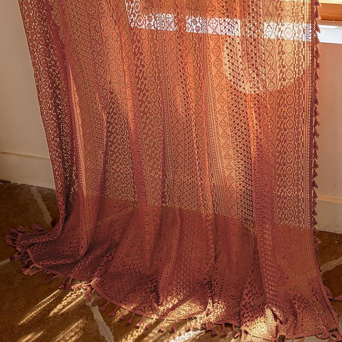 WAZZIO Boho Lace Curtains 96 Inches 2 Panel, Light Filtering Privacy Tassel & - Image 9