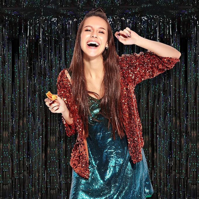 Voircoloria Laser Black Foil Fringe Backdrop Curtains, 2 Pack | Tinsel Streamers - Image 7