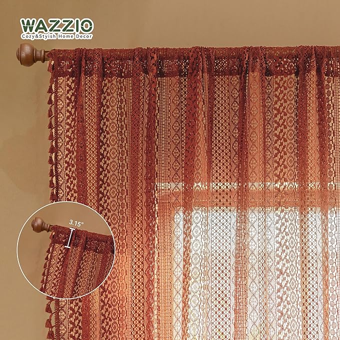 WAZZIO Boho Lace Curtains 80 Inches 2 Panel, Light Filtering Privacy Tassel & - Image 8