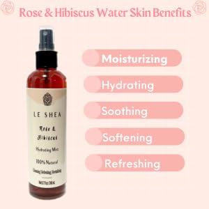 LE SHEA Hibiscus & Rose Water Spray w Aloe, Essential Oil, Refresh Condition Braid Dreadlock Loc Rosewater Facial Skin Body Face Mist 8.7 oz