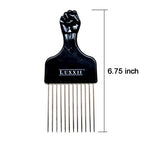 (2 Pack) 6.75" Black Fist Metal Afro Pick Lift Hair Comb Detangle Wig Braid Hair Man Styling Comb