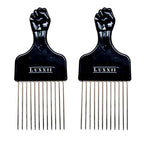 (2 Pack) 6.75" Black Fist Metal Afro Pick Lift Hair Comb Detangle Wig Braid Hair Man Styling Comb