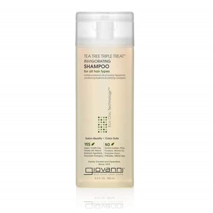 GIOVANNI Tea Tree Triple Treat Invigorating Shampoo - Cooling Peppermint, Eucalyptus & Rosemary, Helps Strengthen & Rejuvenate Hair & Scalp, Salon Quality, Paraben Free, Tea Tree Shampoo - 8.5 oz
