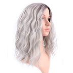 FAELBATY 14" Short Curly Bob Grey Wigs Shoulder Length Side Part Women's Short Wig for Girl Halloween Costume Cosplay Wigs Ombre Purple Grey Color