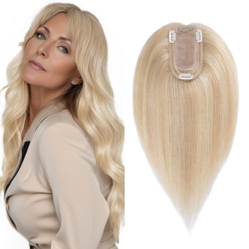 SEGO Human Hair Topper for Women, No Bangs Real Hair Topper with Anti-Slip Clips (8 Inch#18/613 Ash Blonde Mix Bleach Blonde)